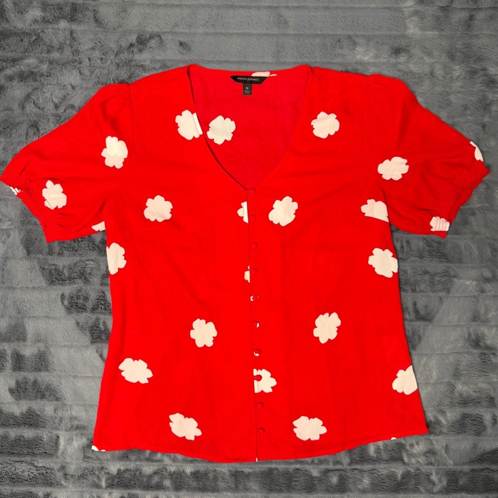 Banana Republic Womens Red Floral V-Neck Button Front Puff Sleeve Blouse Size M